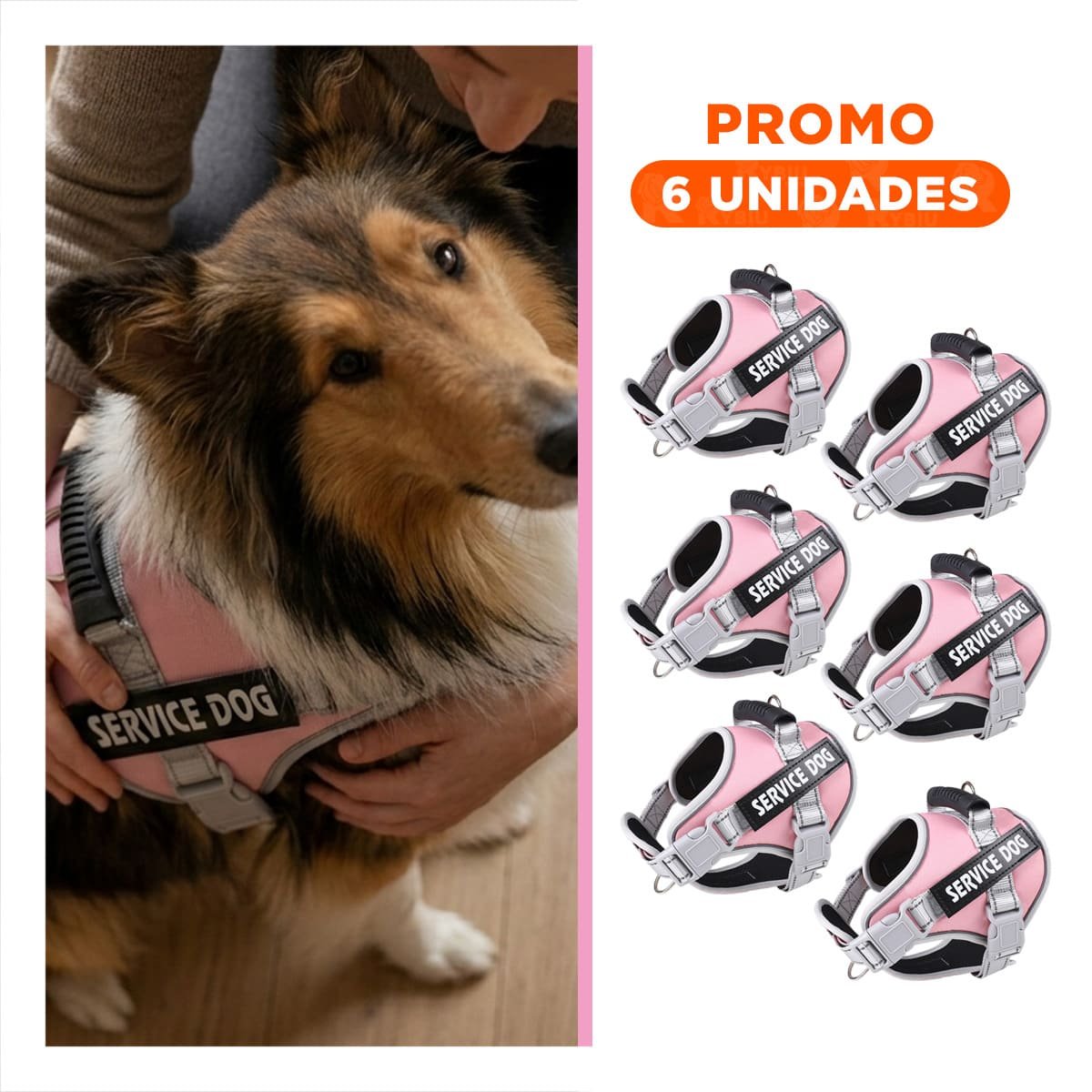 PACK6 HARNESS RESISTENTE SERVICE DOG TALLA L ROSADO CLARO CON ASA - 1