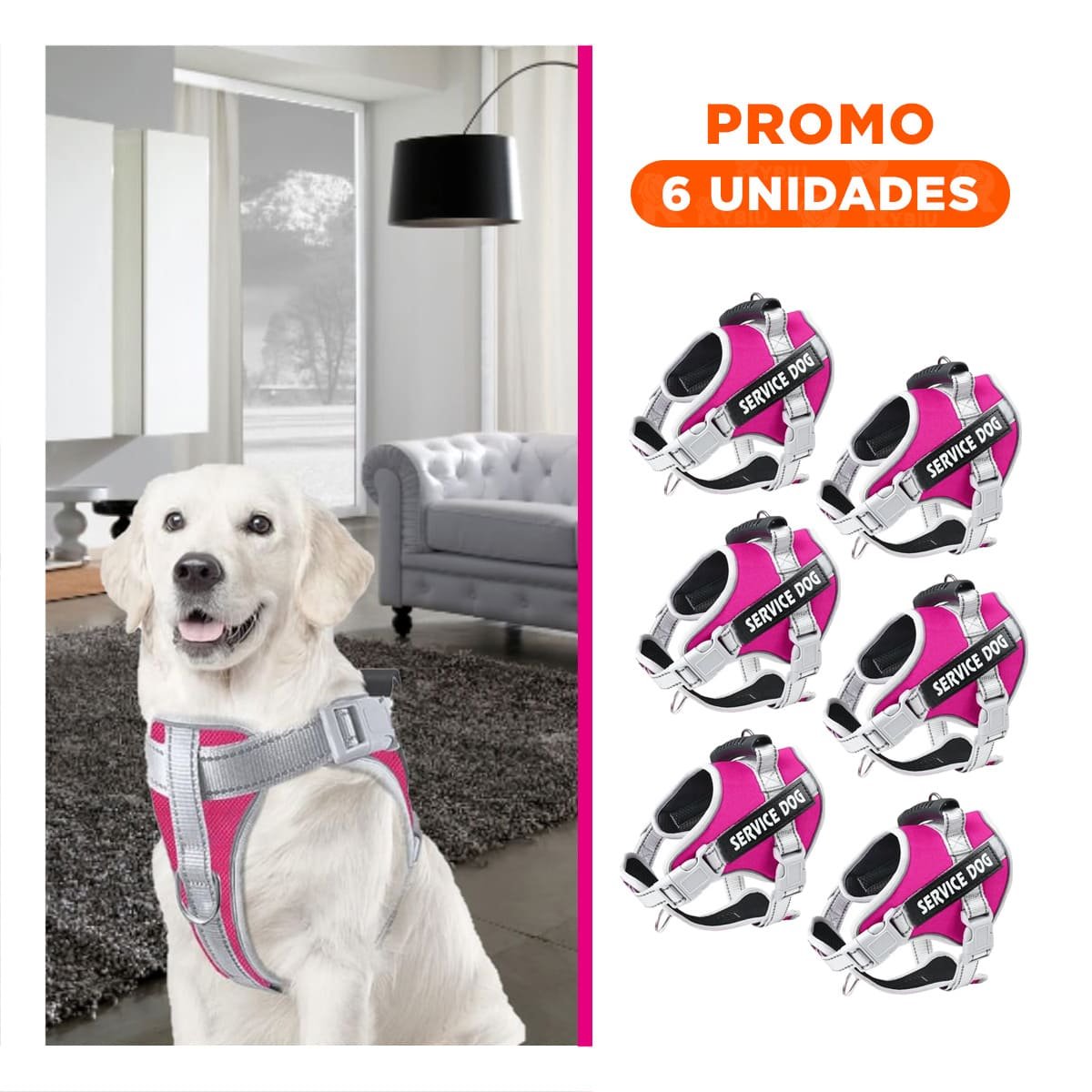 PACK6 HARNESS RESISTENTE SERVICE DOG TALLA XL FUCSIA CON ASA - 1