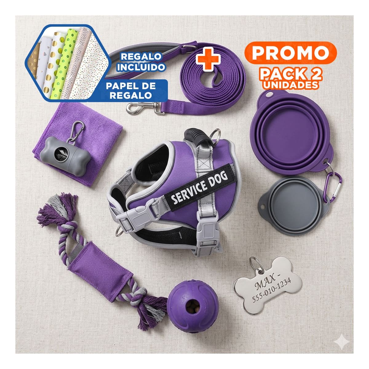 PACK2 HARNESS AJUSTABLE SERVICE DOG TALLA L MORADO CON ASA Y+PAPEL REGALO - 1