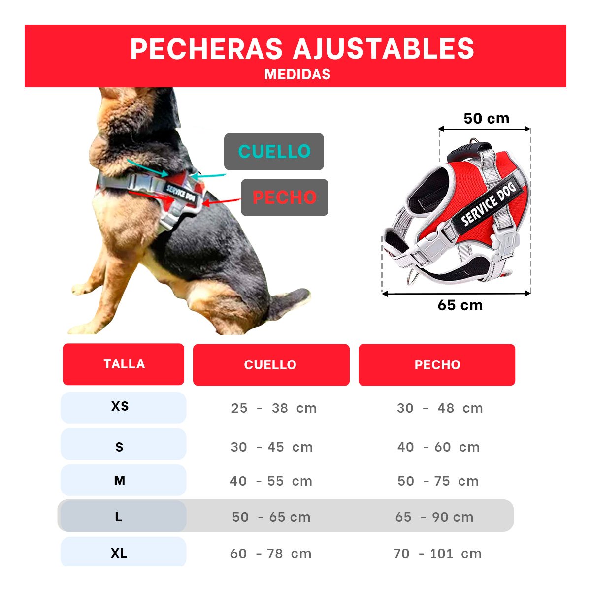 PECHERA AJUSTABLE SERVICE DOG TALLA L ROJO CON ASA Y+LIGAS REGALO - 4