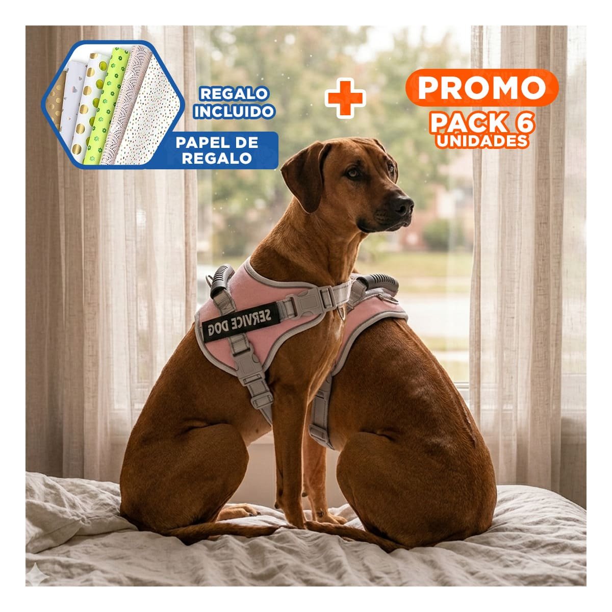 PACK6 PETO RESISTENTE SERVICE DOG TALLA L ROSADO CLARO CON ASA Y+PAPEL REGALO - 1