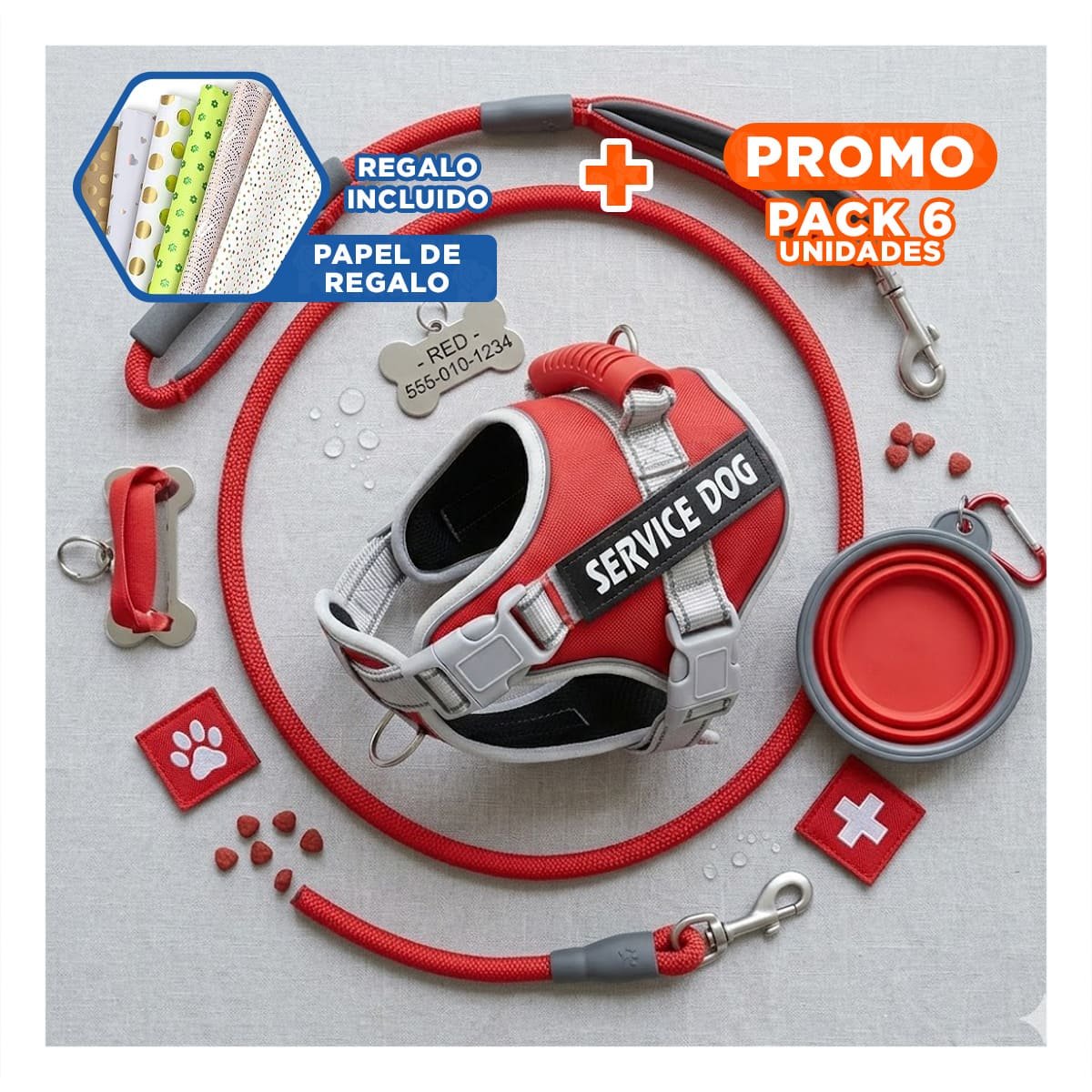PACK6 PETO RESISTENTE SERVICE DOG TALLA XL ROJO CON ASA Y+PAPEL REGALO - 1