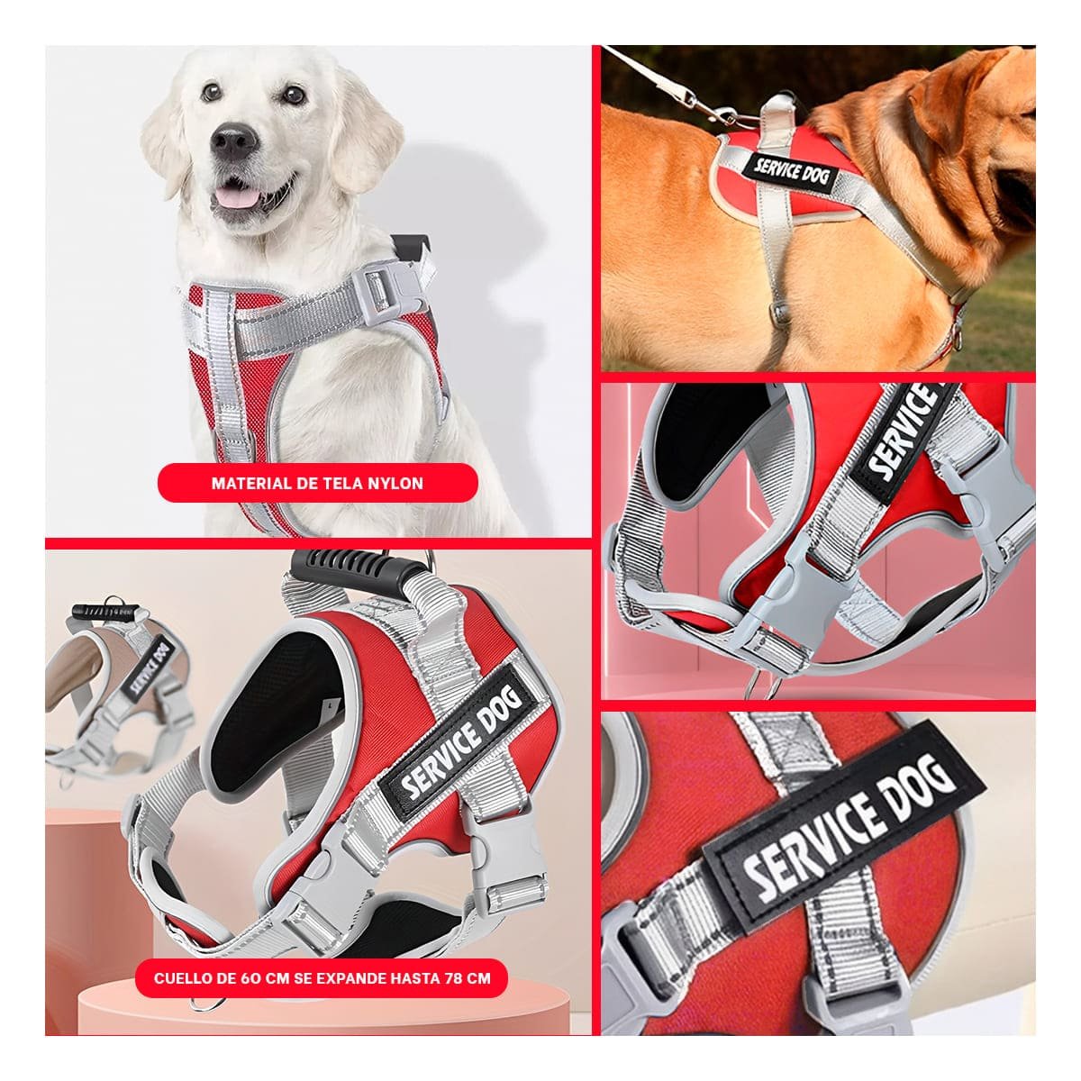 PACK6 PETO RESISTENTE SERVICE DOG TALLA XL ROJO CON ASA Y+PAPEL REGALO - 3