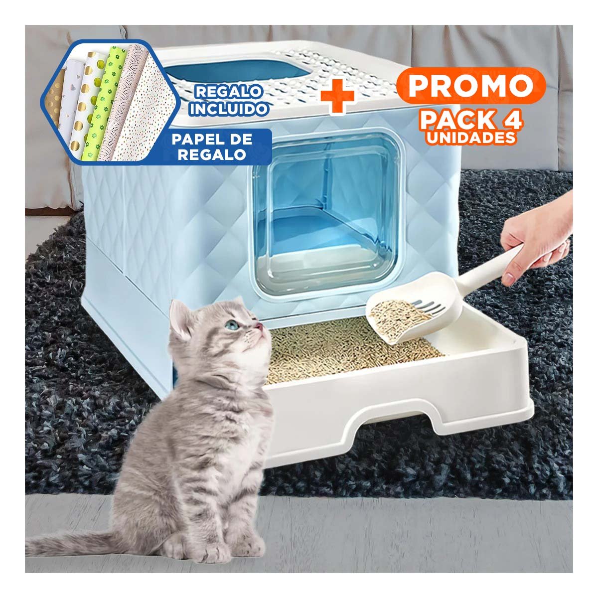 PACK4 SANITARIO TIPO CUBO DE GATO EN COLOR CELESTE CON ACCESORIO CERNIDOR Y+PAPEL REGALO - 1