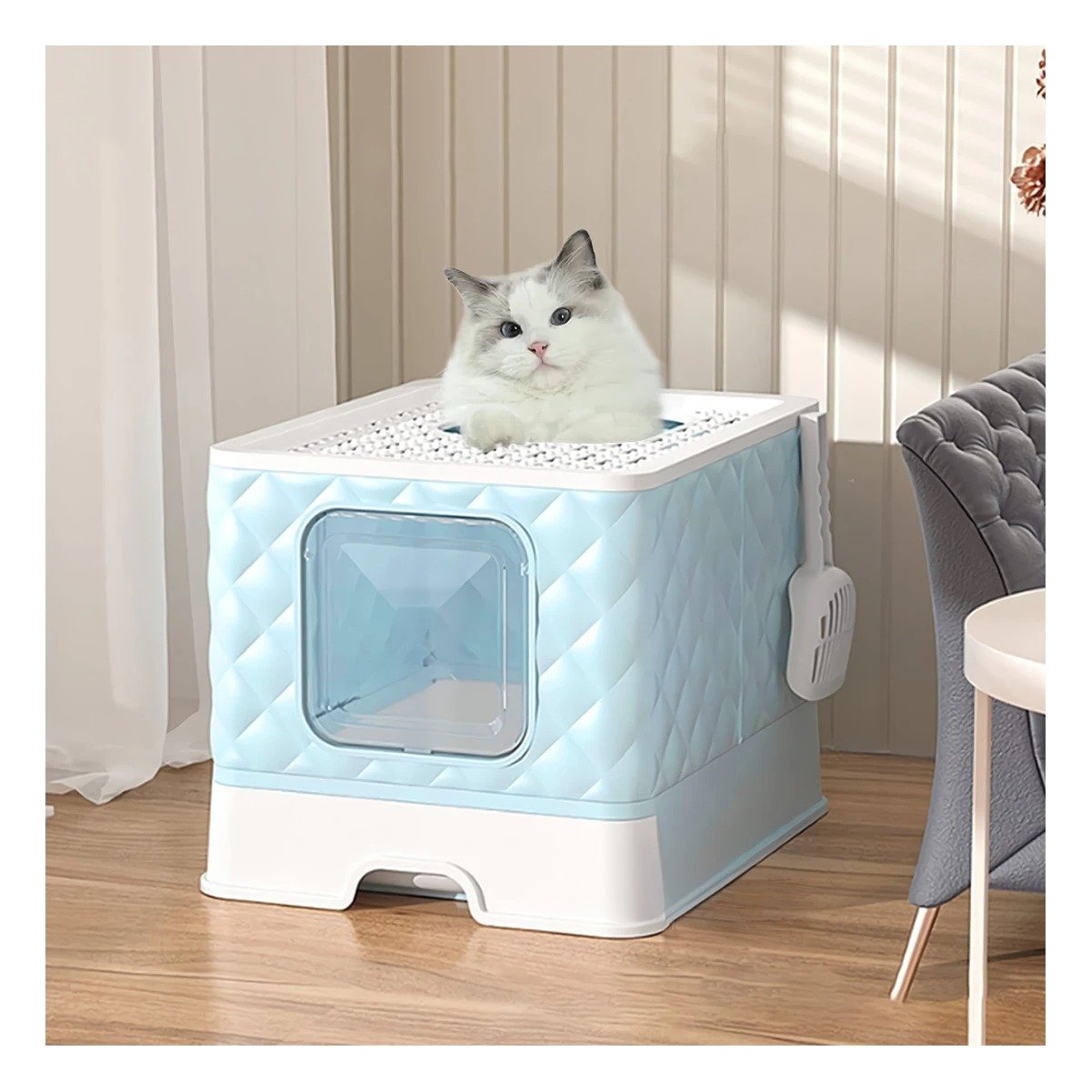 PACK4 SANITARIO TIPO CUBO DE GATO EN COLOR CELESTE CON ACCESORIO CERNIDOR Y+PAPEL REGALO - 2