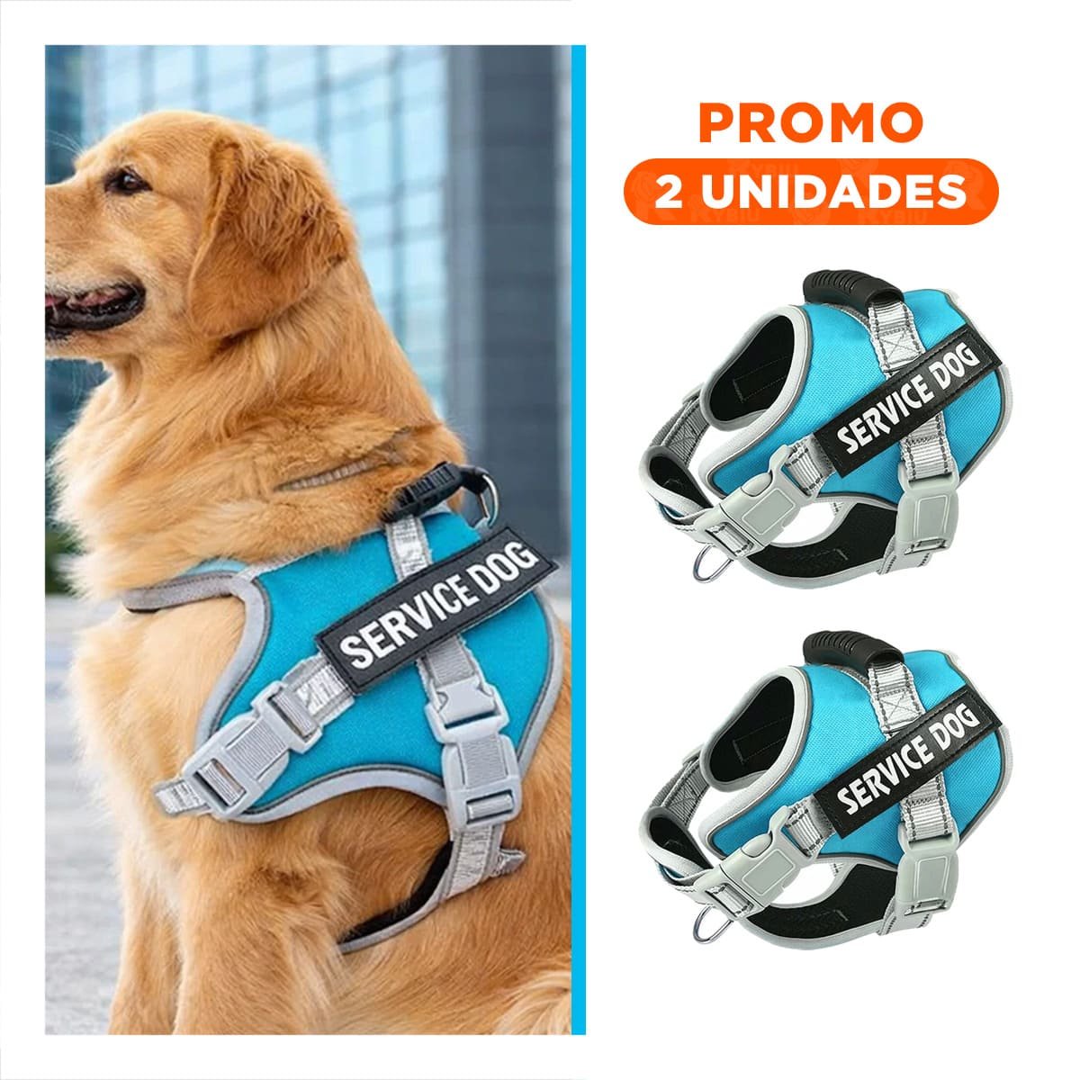 PACK2 CHALECO AJUSTABLE SERVICE DOG TALLA L TURQUEZA CON ASA - 1