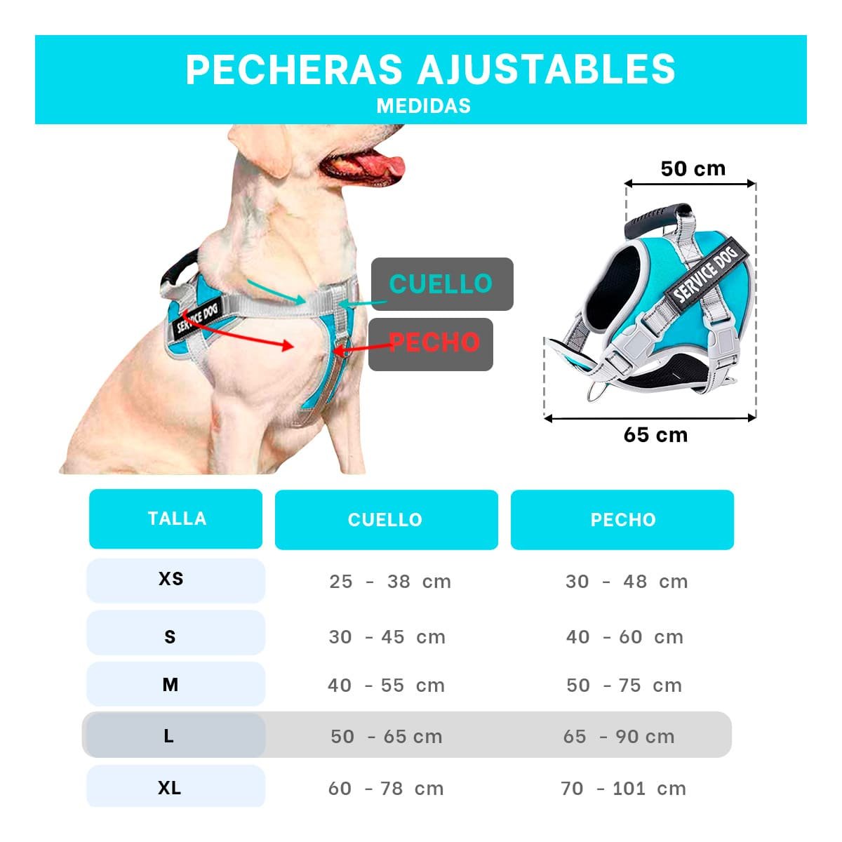 PACK2 CHALECO AJUSTABLE SERVICE DOG TALLA L TURQUEZA CON ASA - 4