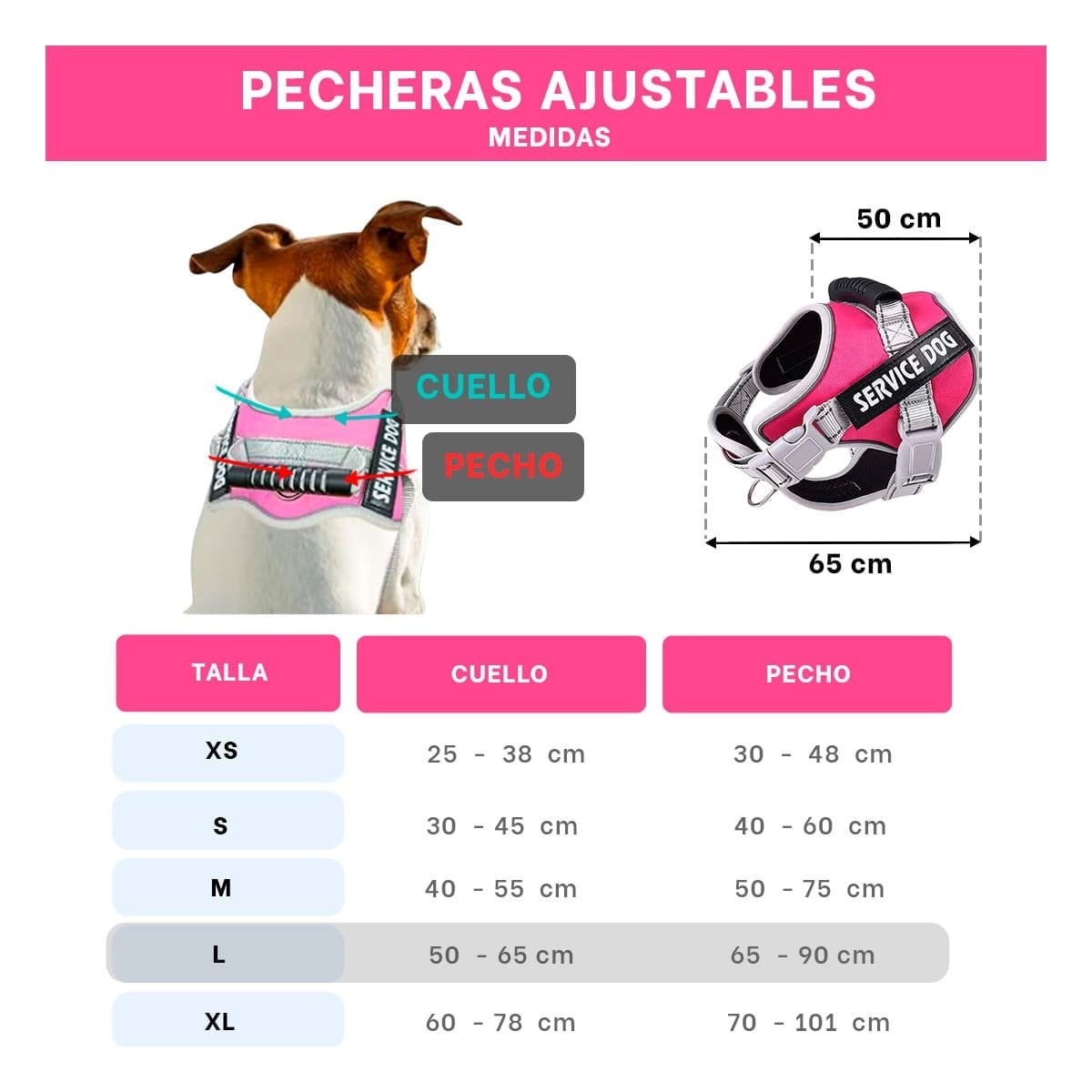 PECHERA AJUSTABLE SERVICE DOG TALLA L FUCSIA CON ASA Y+LIGAS REGALO - 4