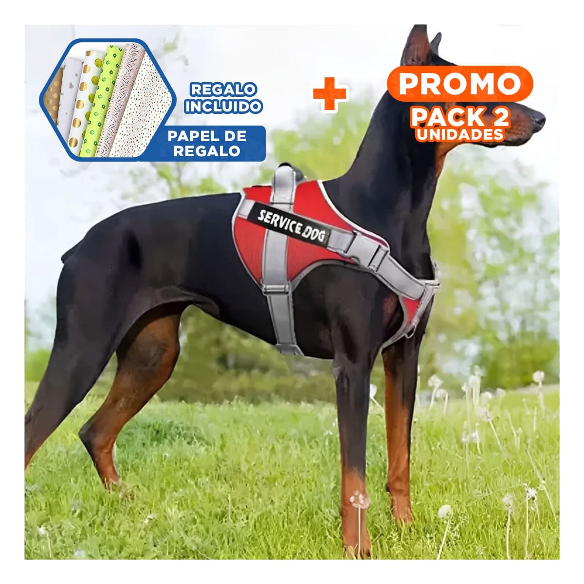 PACK2 HARNESS AJUSTABLE SERVICE DOG TALLA XL ROJO CON ASA Y+PAPEL REGALO - 1