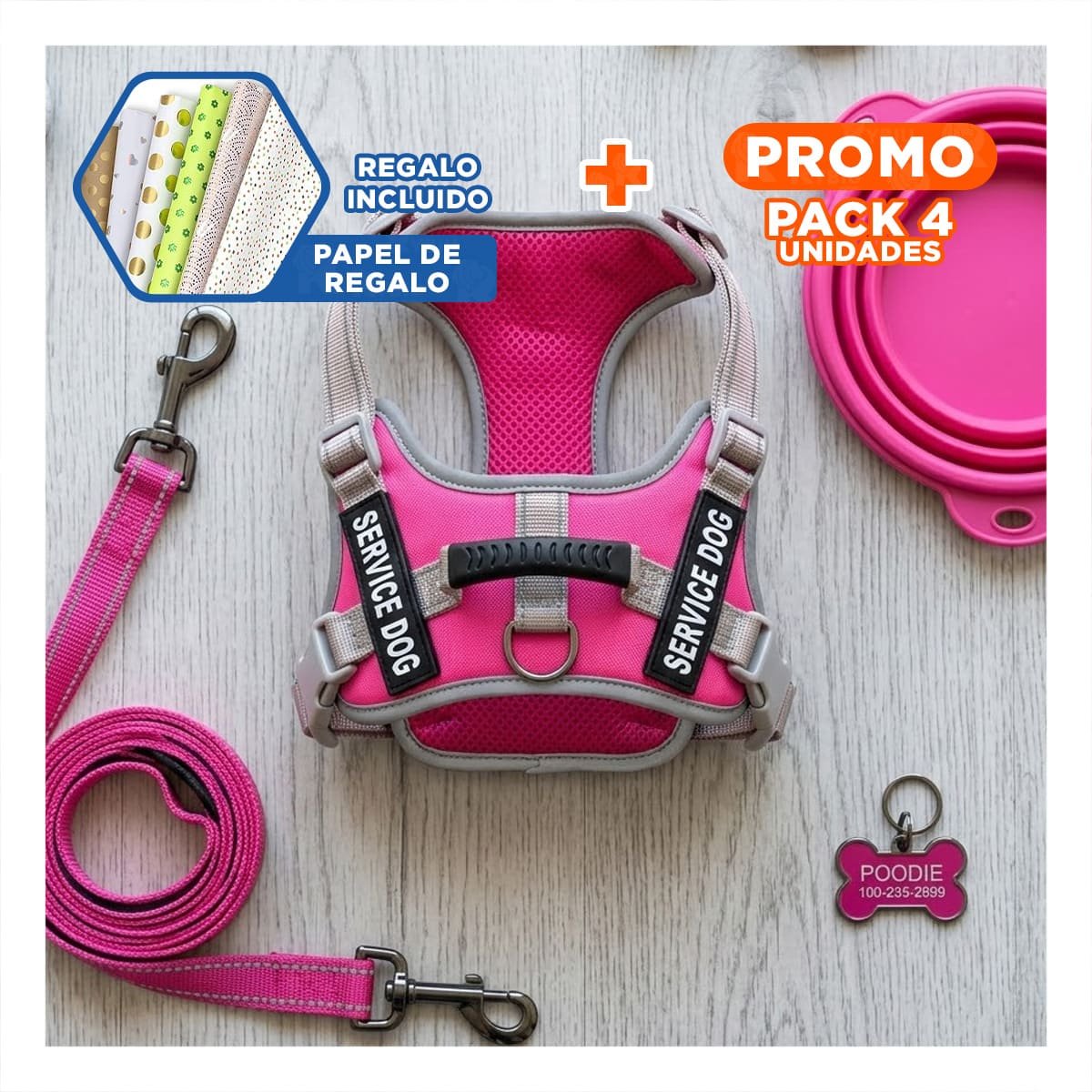 PACK4 ARNES RESISTENTE SERVICE DOG TALLA XL FUCSIA CON ASA Y+PAPEL REGALO - 1