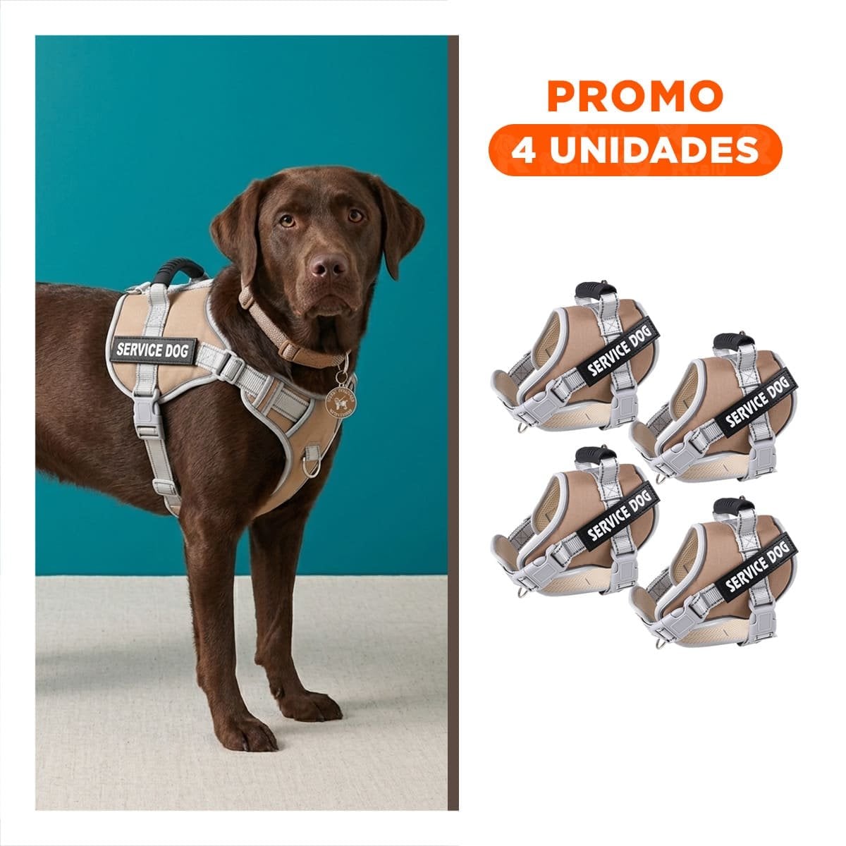 PACK4 CHALECO RESISTENTE SERVICE DOG TALLA XL MARRON CON ASA Y+REGALO STICKER - 1