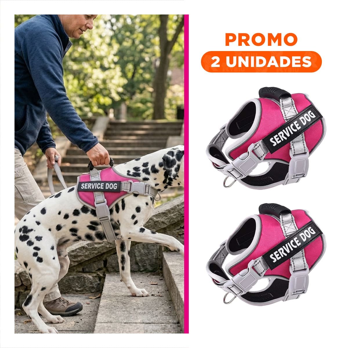 PACK2 CHALECO AJUSTABLE SERVICE DOG TALLA L FUCSIA CON ASA - 1