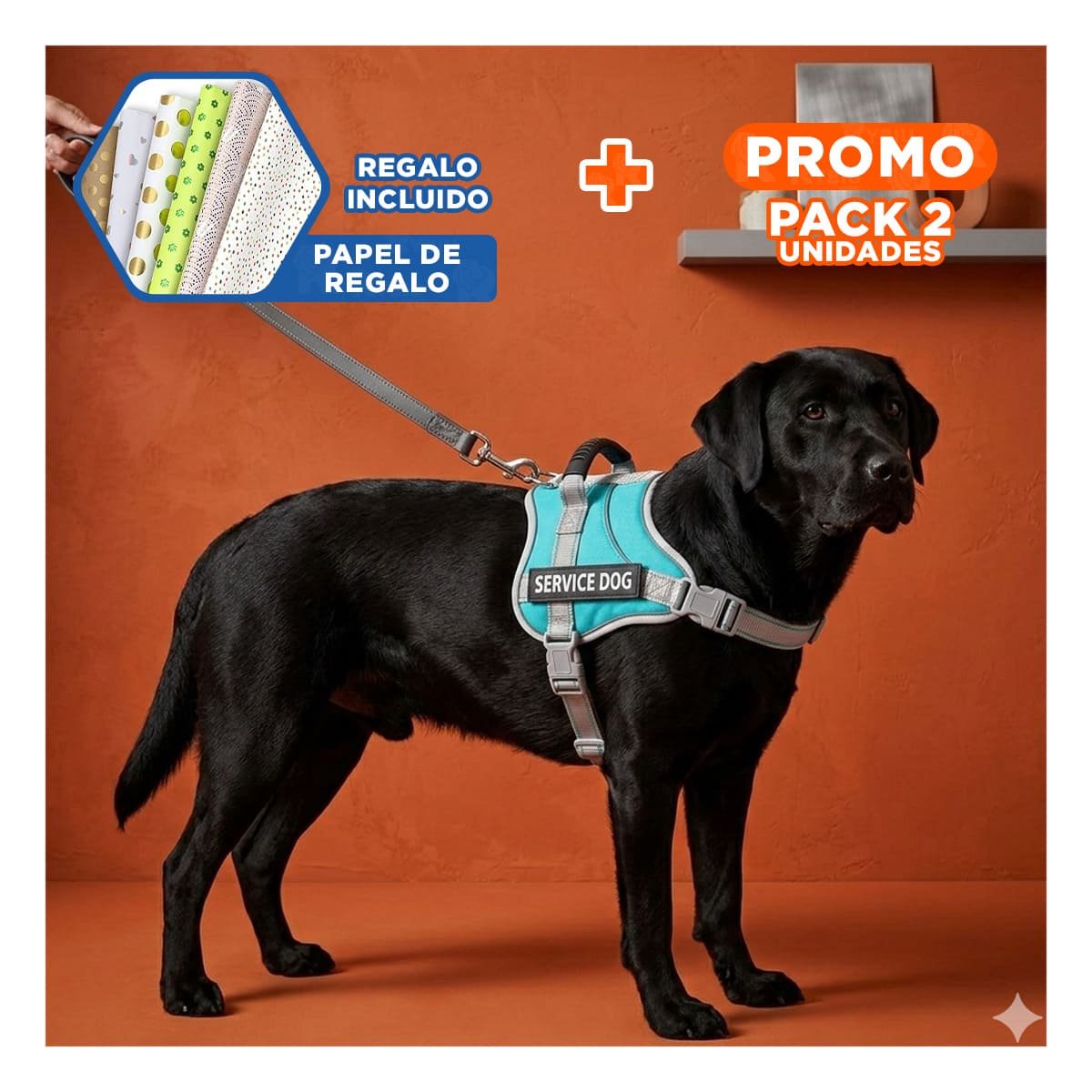 PACK2 HARNESS AJUSTABLE SERVICE DOG TALLA L TURQUEZA CON ASA Y+PAPEL REGALO - 1