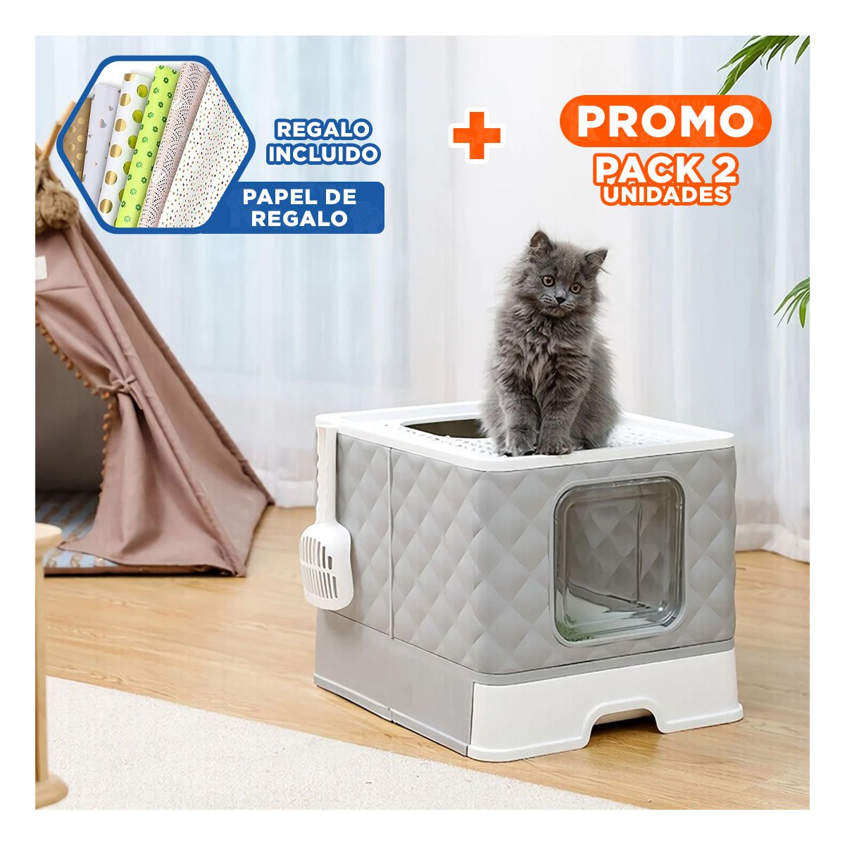 PACK2 ARENERO MODERNO DE GATO EN COLOR PLOMO CON CUBO CERRADO Y BANDEJA PRACTICA Y+PAPEL REGALO - 1