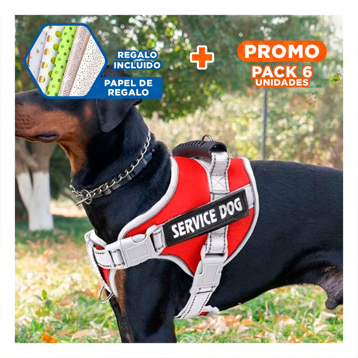 PACK6 PETO RESISTENTE SERVICE DOG TALLA L ROJO CON ASA Y+PAPEL REGALO - 1