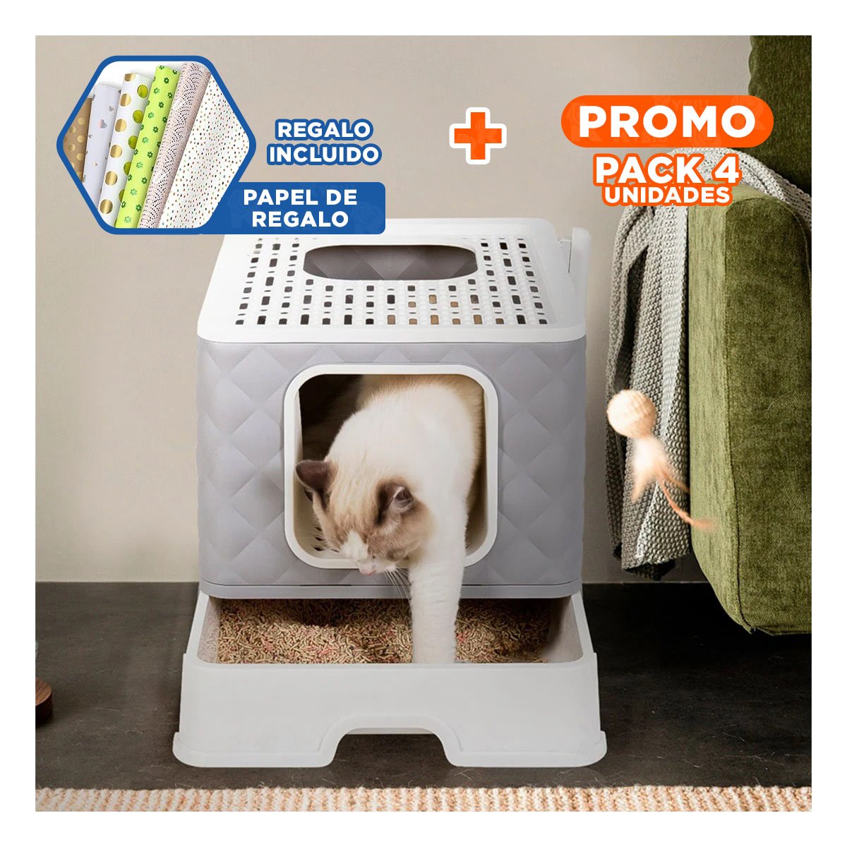 PACK4 SANITARIO TIPO CUBO DE GATO EN COLOR PLOMO CON ACCESORIO CERNIDOR Y+PAPEL REGALO - 1