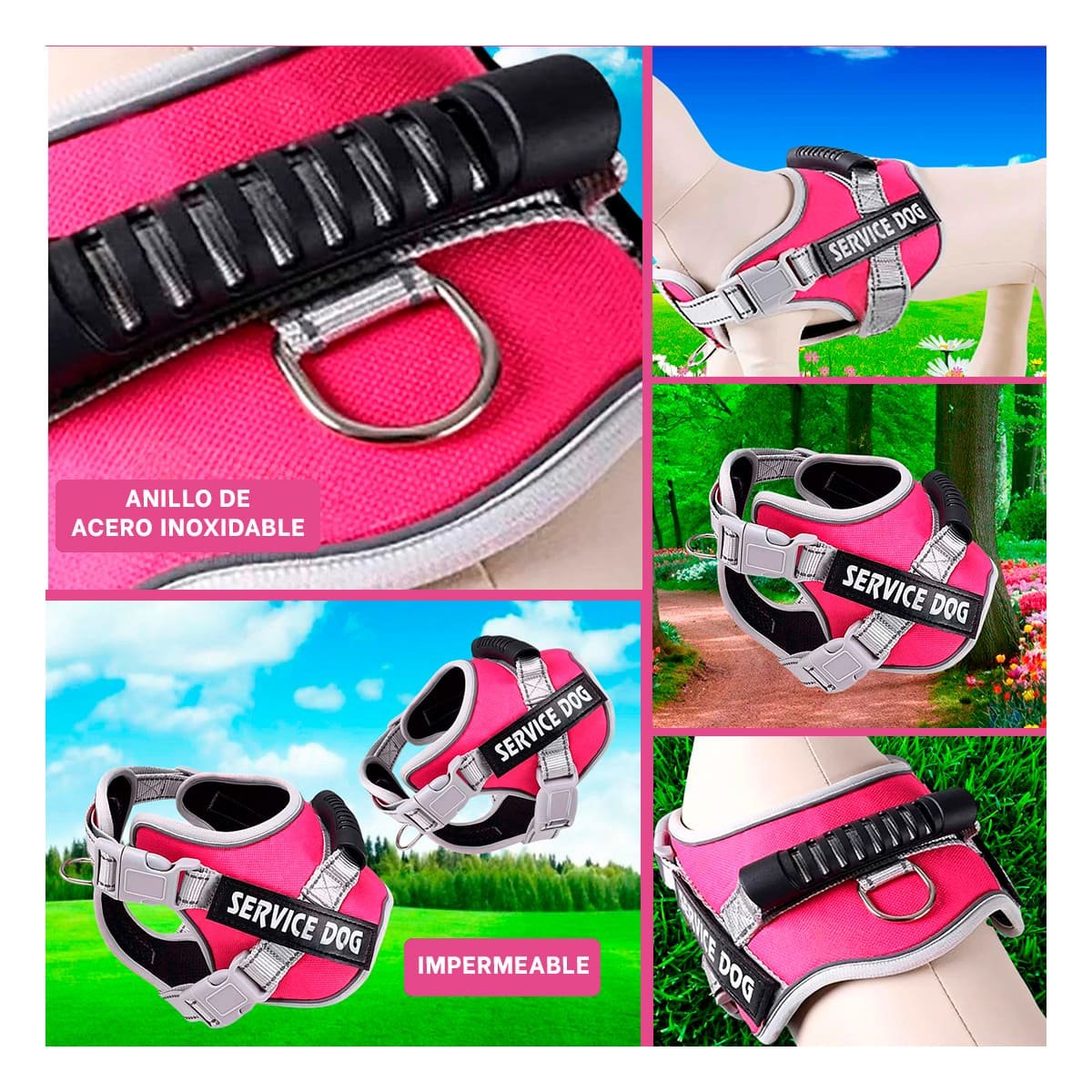 PACK4 CHALECO RESISTENTE SERVICE DOG TALLA L FUCSIA CON ASA Y+REGALO STICKER - 2