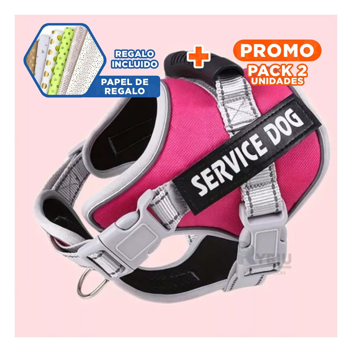 PACK2 HARNESS AJUSTABLE SERVICE DOG TALLA XL FUCSIA CON ASA Y+PAPEL REGALO - 1