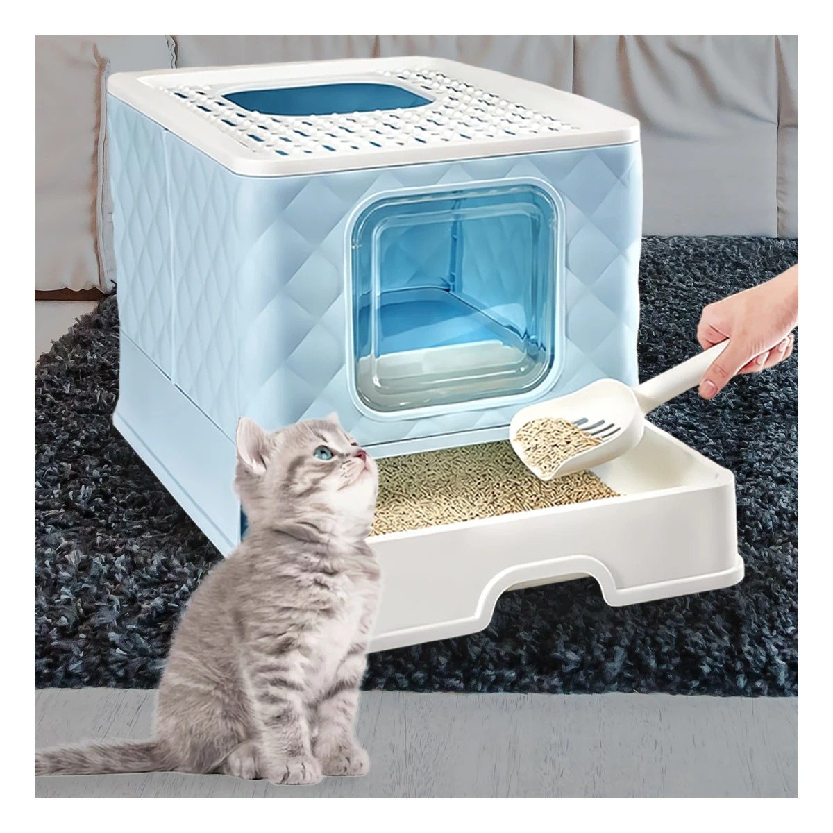 PACK4 SANITARIO FUNCIONAL DE GATO EN COLOR CELESTE CON PALA CERNIDORA INCLUIDA - 3