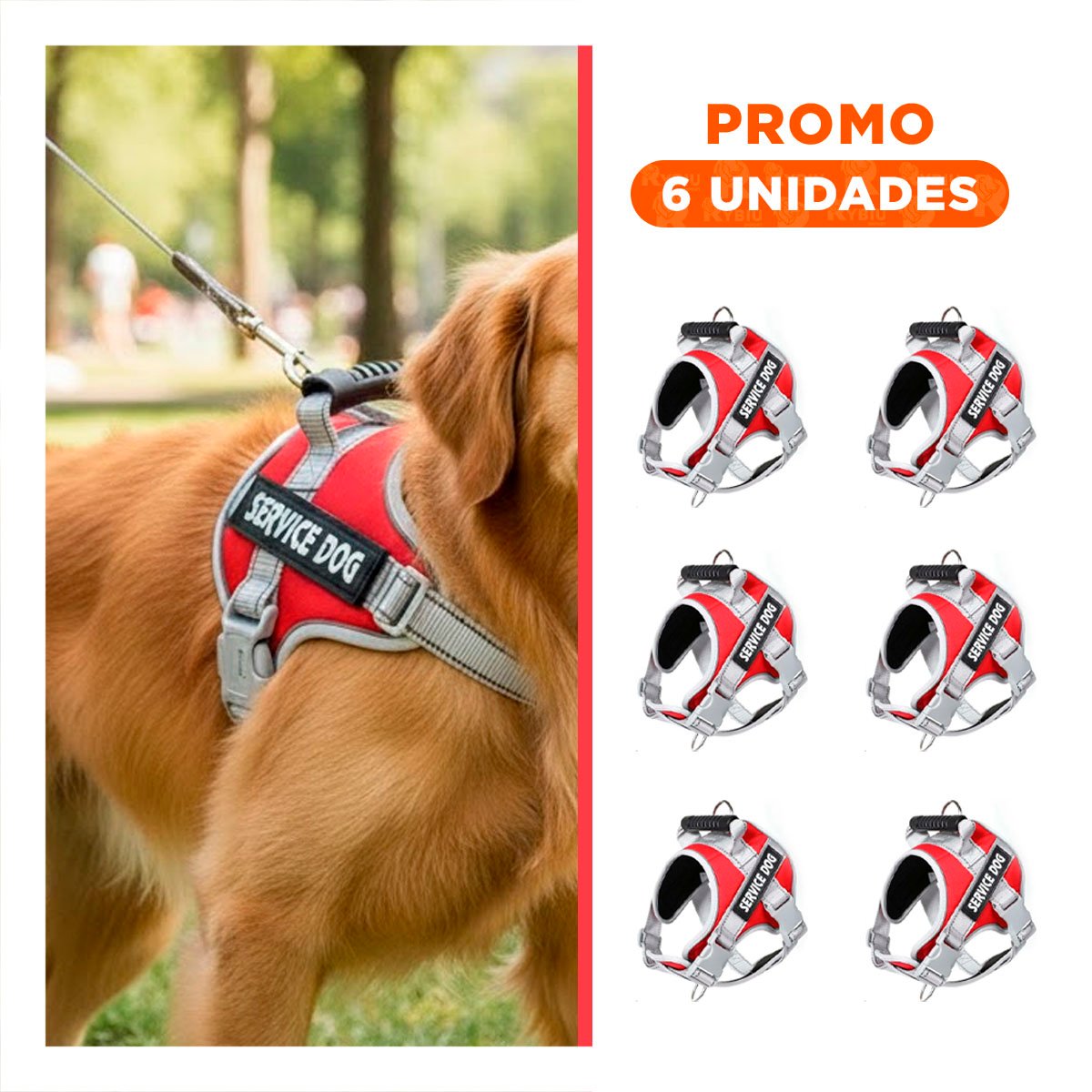 PACK6 HARNESS RESISTENTE SERVICE DOG TALLA L ROJO CON ASA - 1