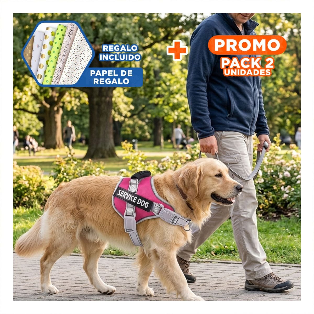 PACK2 HARNESS AJUSTABLE SERVICE DOG TALLA L FUCSIA CON ASA Y+PAPEL REGALO - 1