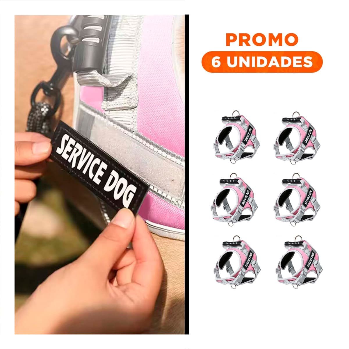 PACK6 HARNESS RESISTENTE SERVICE DOG TALLA XL ROSADO CLARO CON ASA - 1