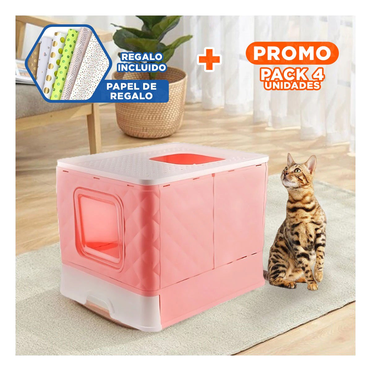 PACK4 SANITARIO TIPO CUBO DE GATO EN COLOR ROSADO CON ACCESORIO CERNIDOR Y+PAPEL REGALO - 1