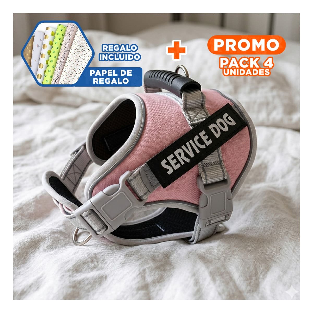 PACK4 ARNES RESISTENTE SERVICE DOG TALLA L ROSADO CLARO CON ASA Y+PAPEL REGALO - 1