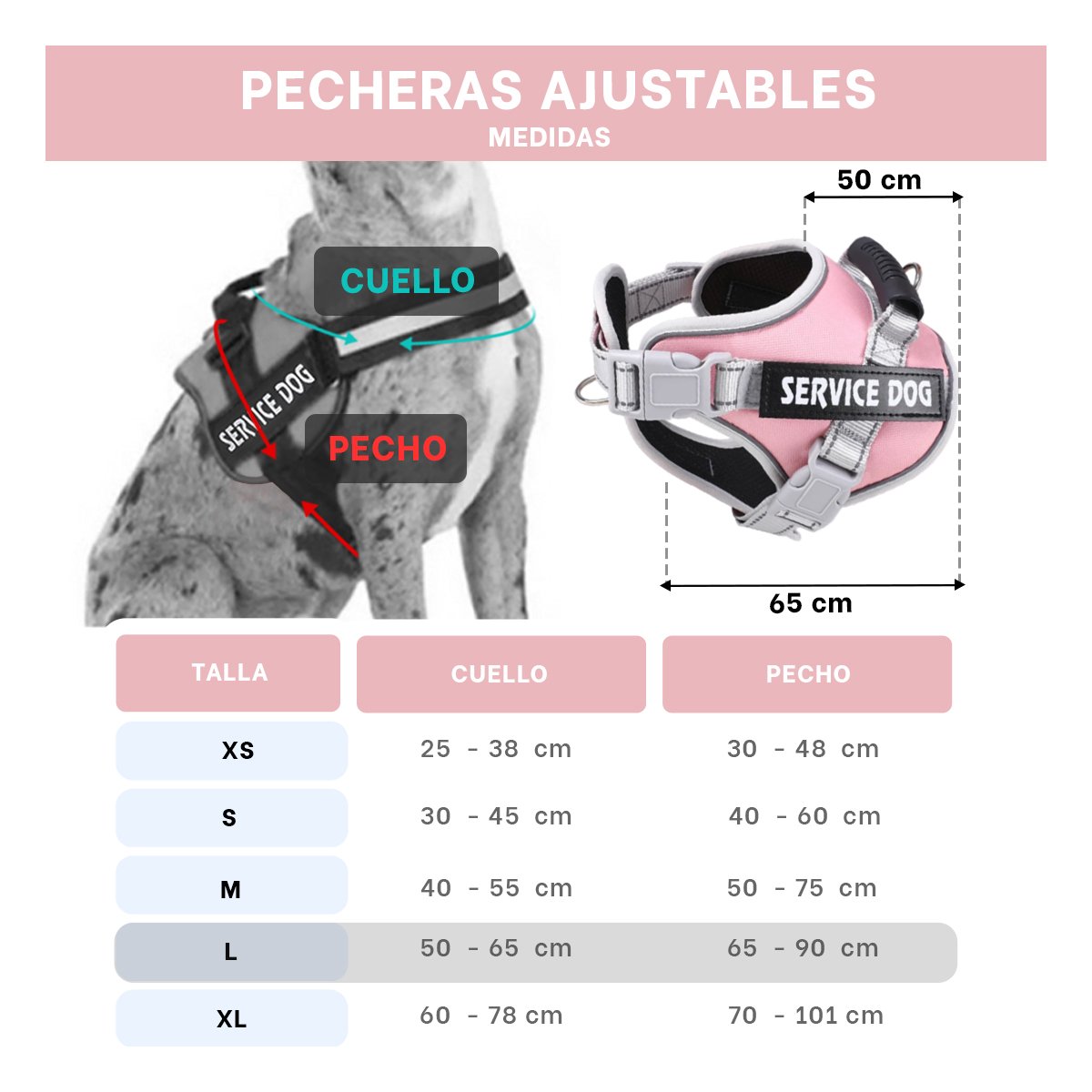 PACK4 ARNES RESISTENTE SERVICE DOG TALLA L ROSADO CLARO CON ASA Y+PAPEL REGALO - 4