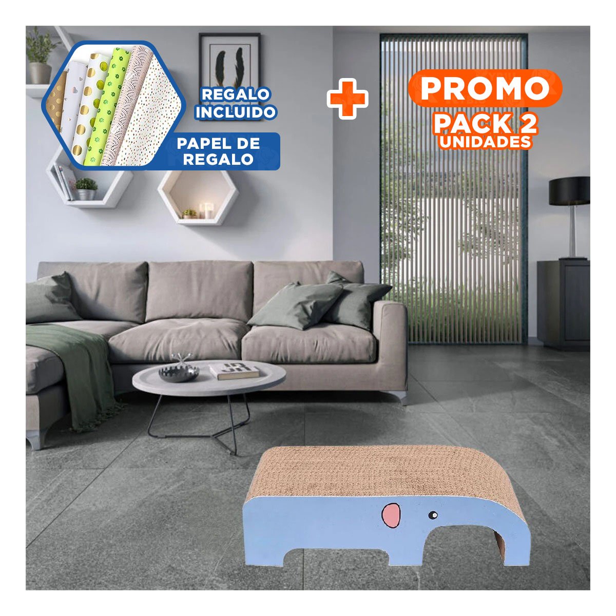 PACK2 RASCADOR PARA GATO EN FORMA DE ELEFANTE EN MARRON CON BASE DE CARTON FIRME Y+PAPEL REGALO - 1