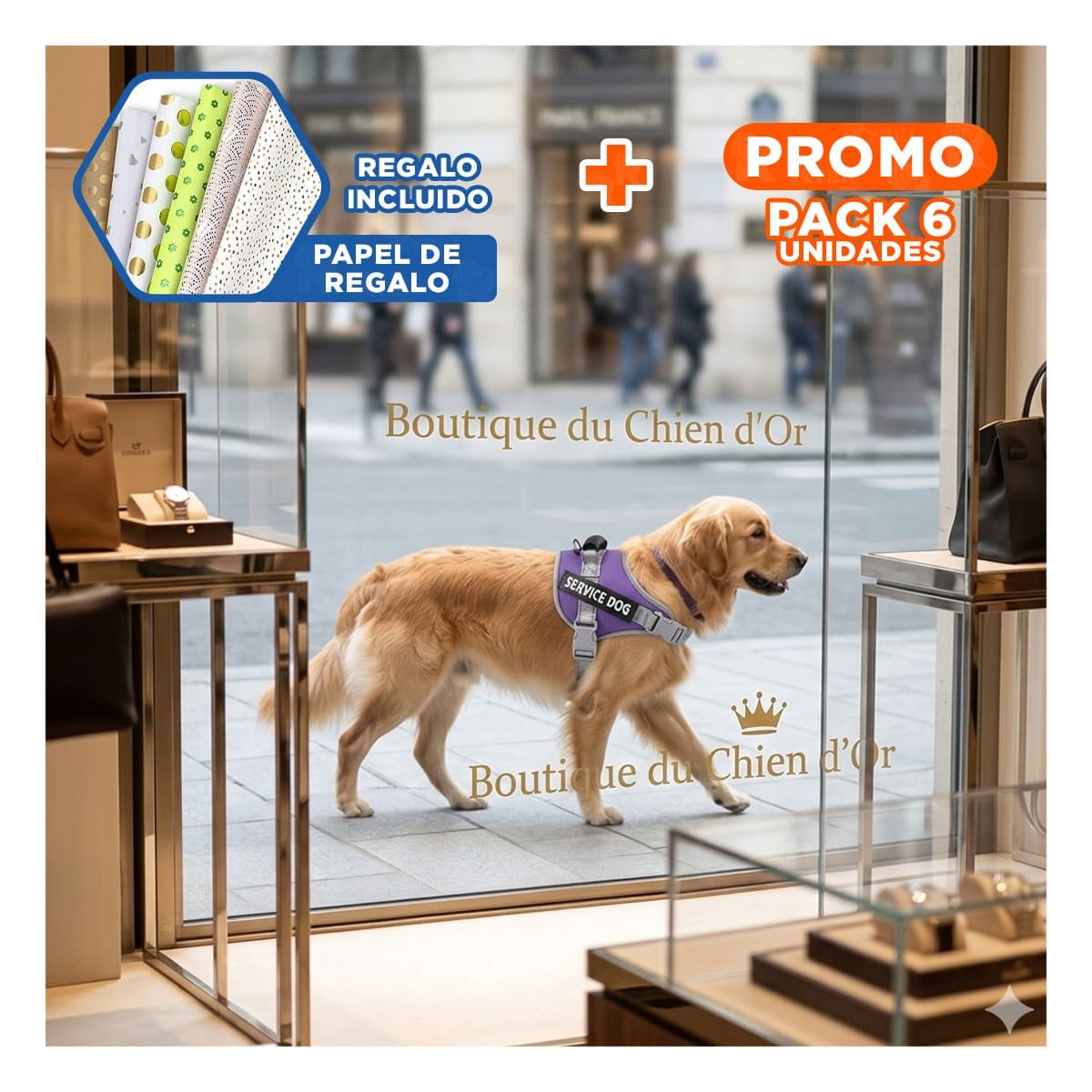 PACK6 PETO RESISTENTE SERVICE DOG TALLA L MORADO CON ASA Y+PAPEL REGALO - 1