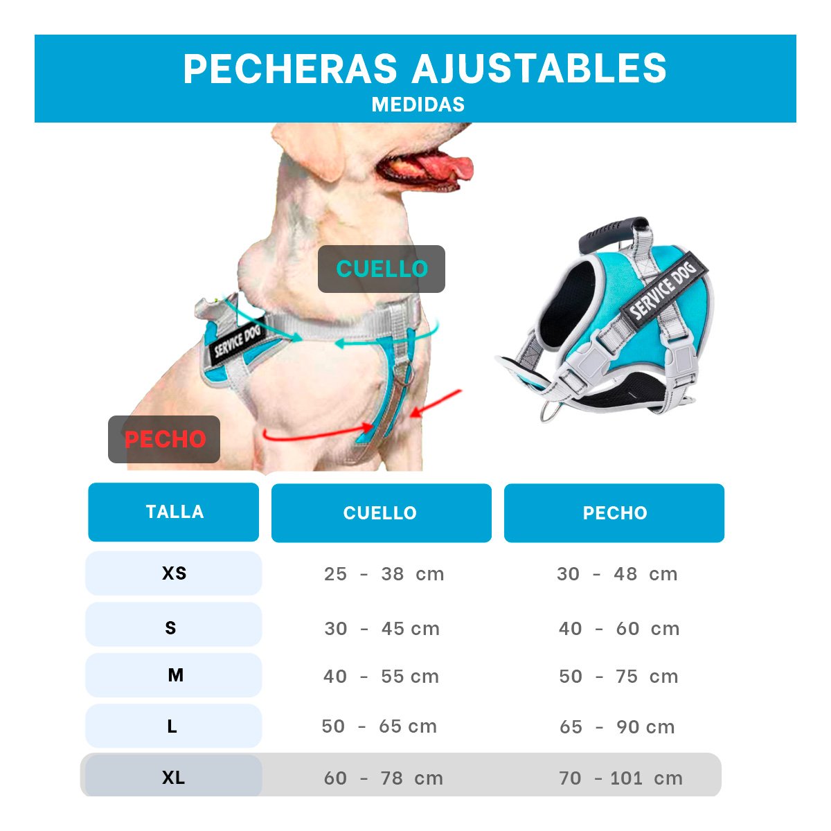 PACK6 PECHERA COMODA SERVICE DOG TALLA XL TURQUEZA CON ASA Y+REGALO STICKER - 4