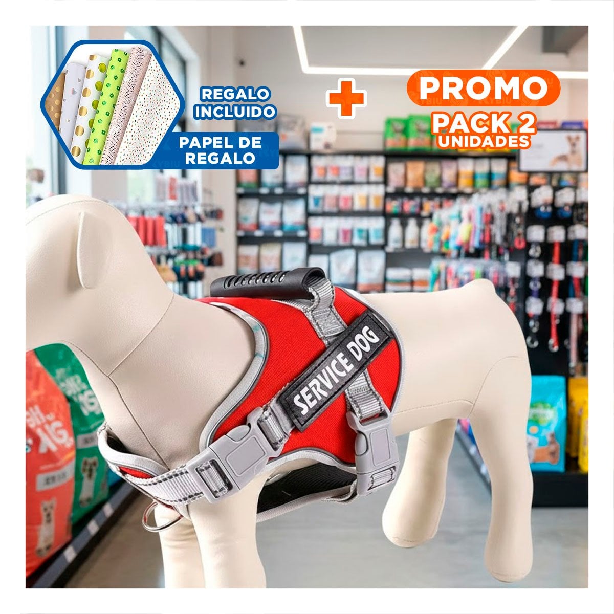 PACK2 HARNESS AJUSTABLE SERVICE DOG TALLA L ROJO CON ASA Y+PAPEL REGALO - 1