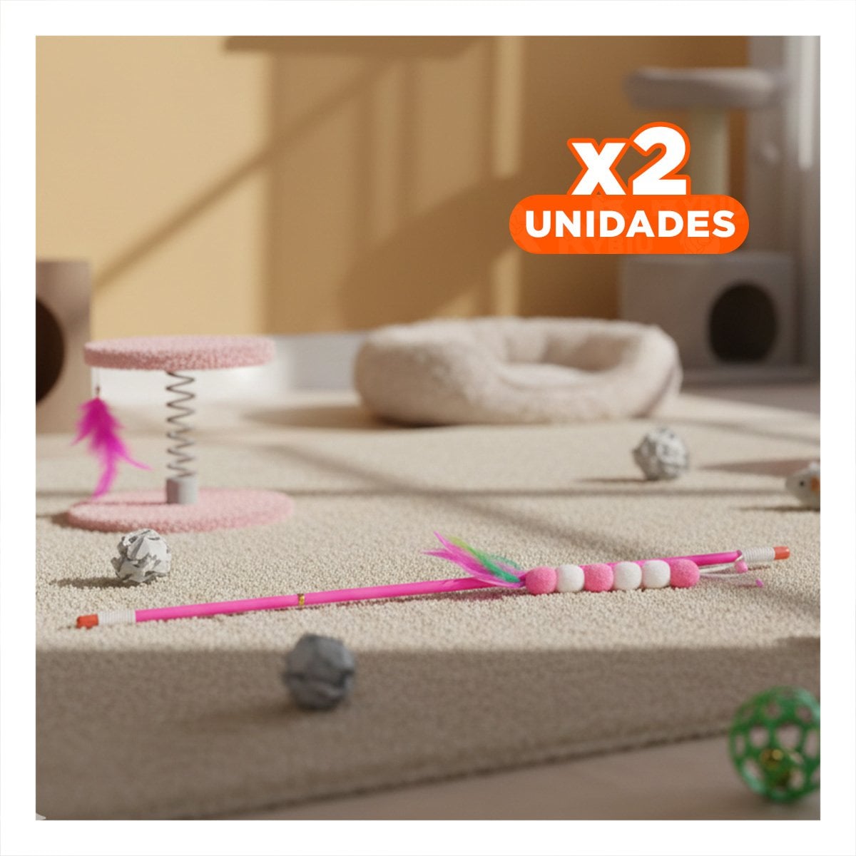 PACK2 VARITA FUNCIONAL PARA GATO CON BOLITAS COLOR ROSADO EN PLASTICO LIVIANO Y+REGALO STICKER - 1