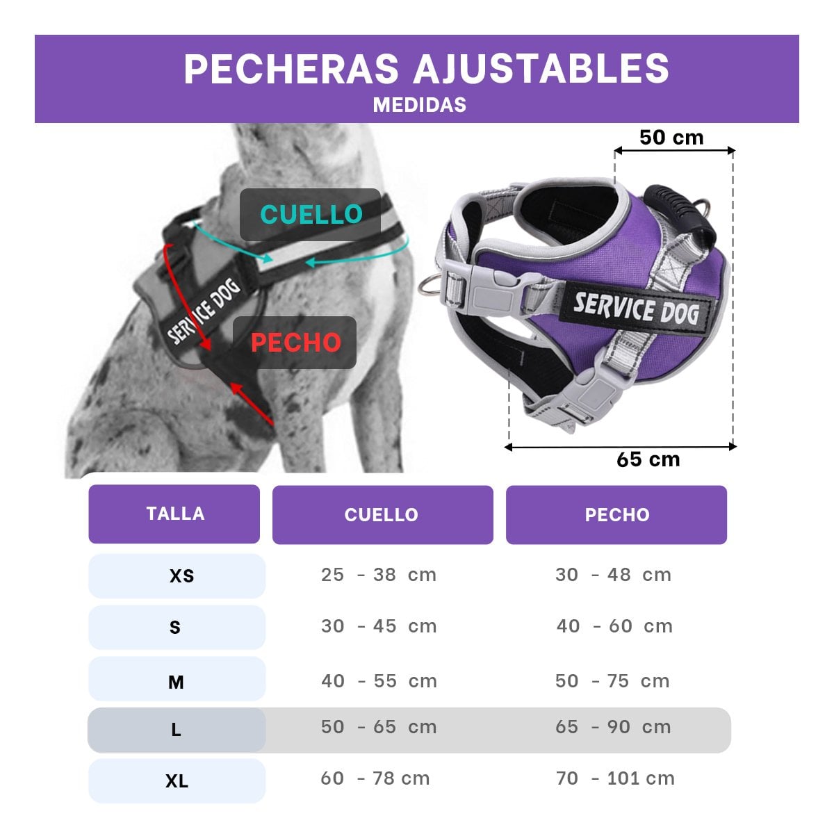 PECHERA AJUSTABLE SERVICE DOG TALLA L MORADO CON ASA Y+LIGAS REGALO - 4