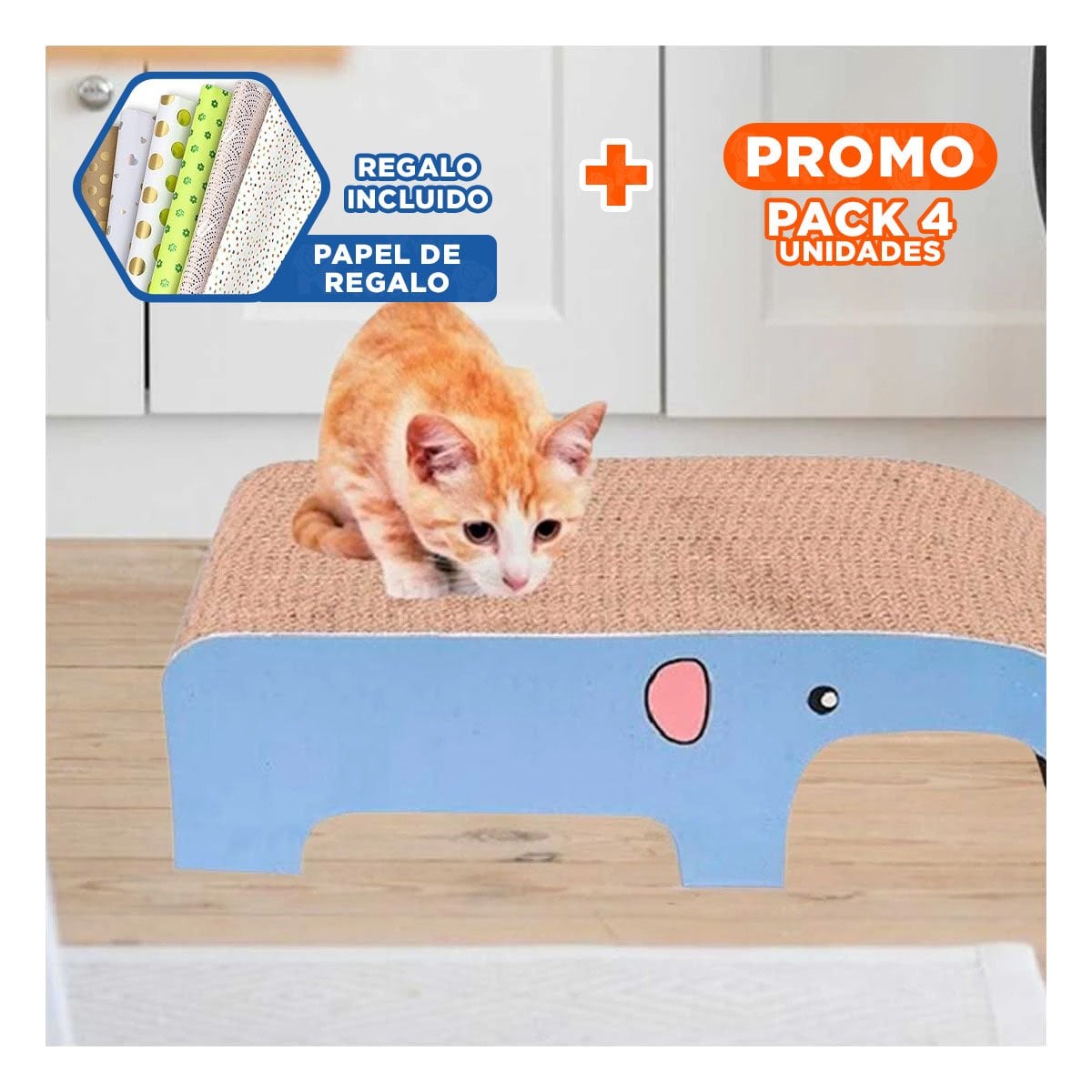 PACK4 RASCADOR EN MARRON DE CARTON CON FIGURA DE ELEFANTE PARA RASGUÑO DIARIO Y+PAPEL REGALO - 1