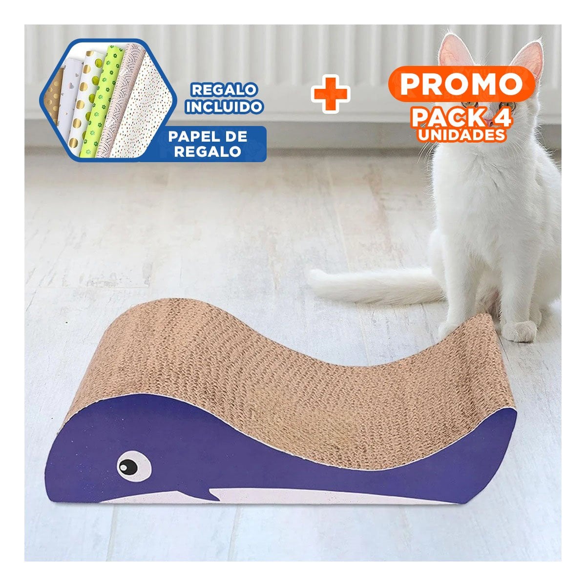 PACK4 RASCADOR EN MARRON DE CARTON CON FIGURA DE BALLENA PARA RASGUÑO DIARIO Y+PAPEL REGALO - 1
