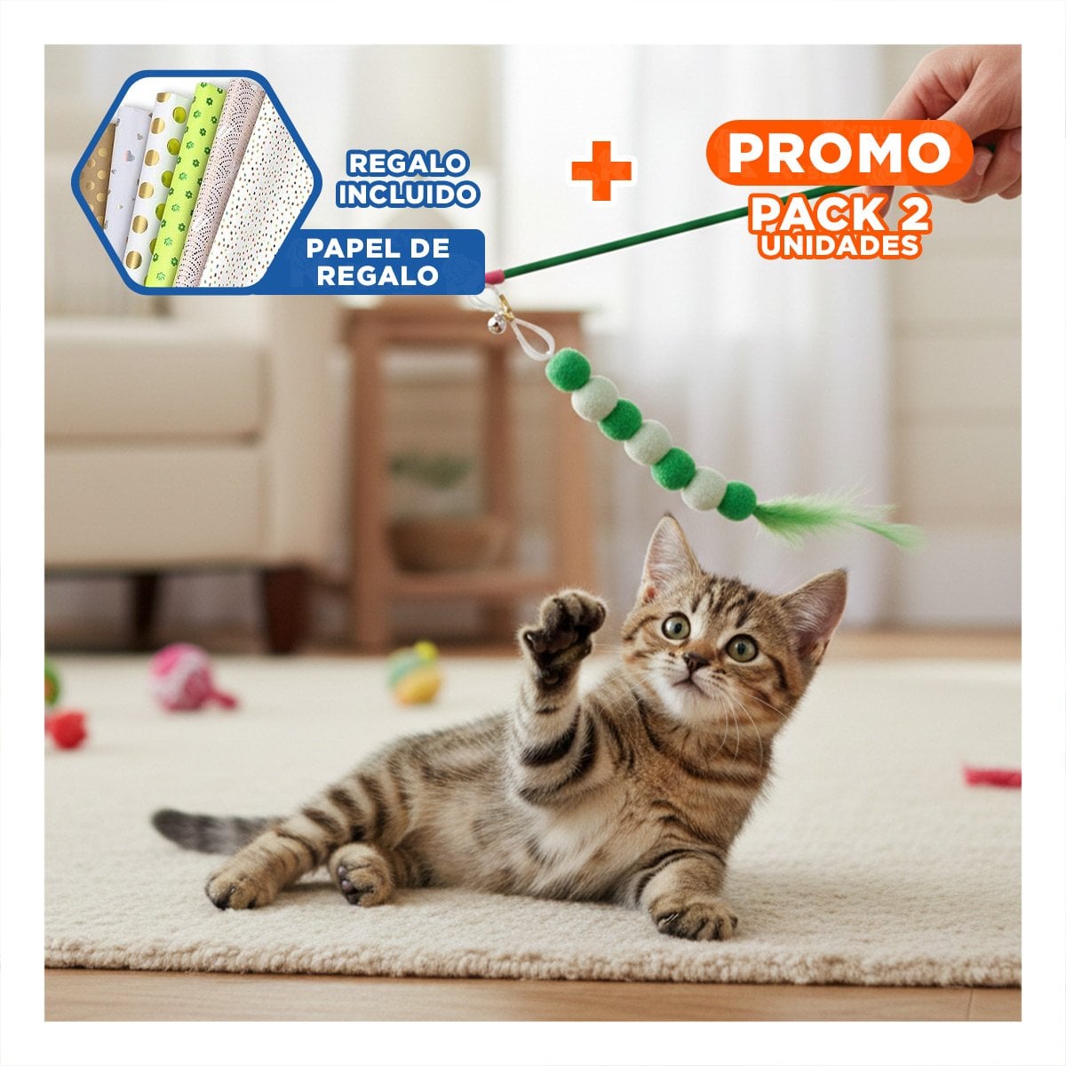 PACK2 VARITA EN VERDE CON BOLITAS DE PLASTICO FLEXIBLE INTERACTIVO Y+PAPEL REGALO - 1