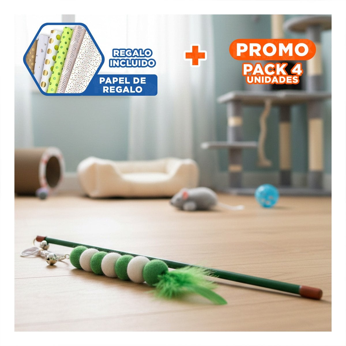 PACK4 VARITA PARA DINAMICA ACTIVA DE GATO CON BOLITAS EN COLOR VERDE INTEGRADAS Y+PAPEL REGALO - 1