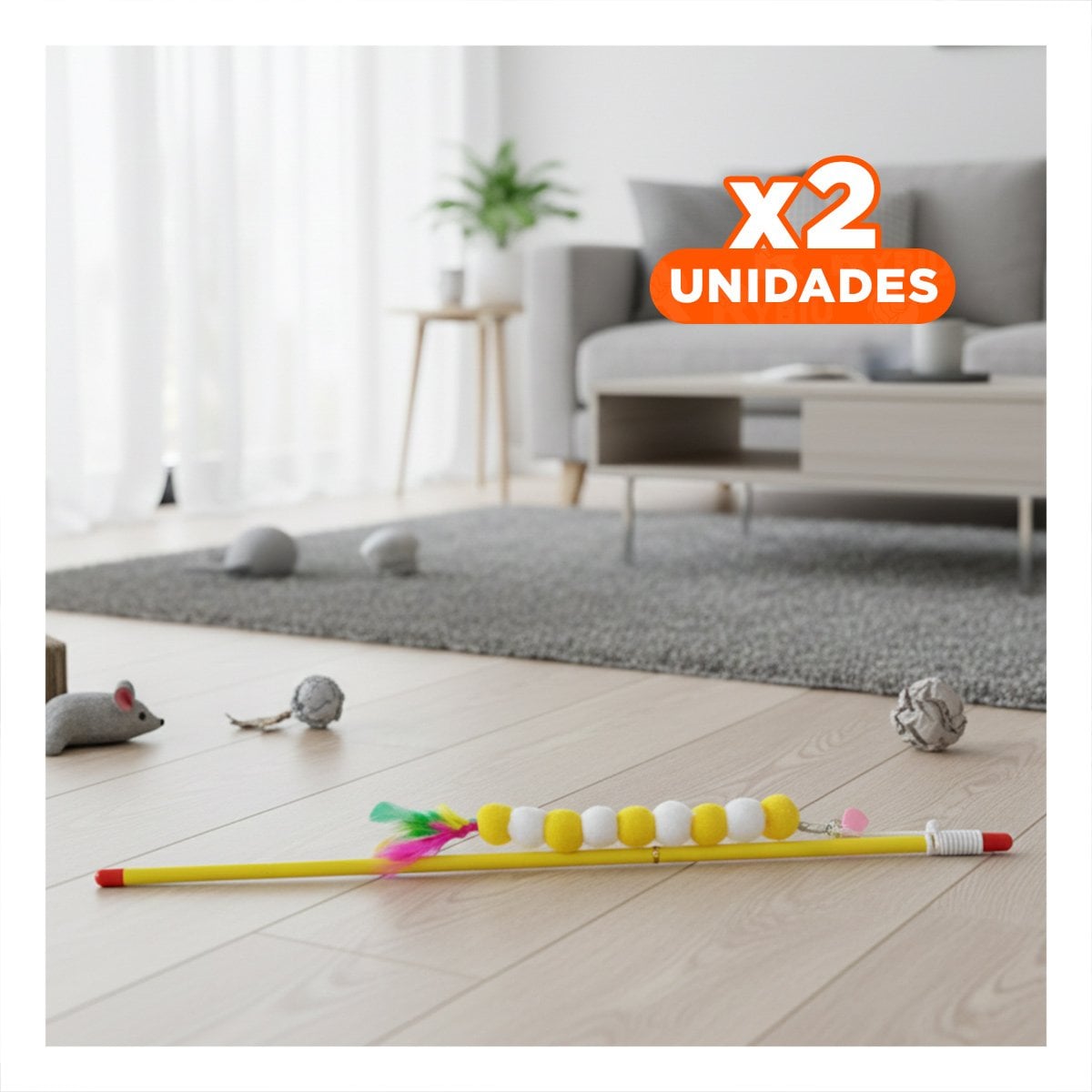 PACK2 VARITA FUNCIONAL PARA GATO CON BOLITAS COLOR AMARRILLO EN PLASTICO Y+REGALO STICKER - 1