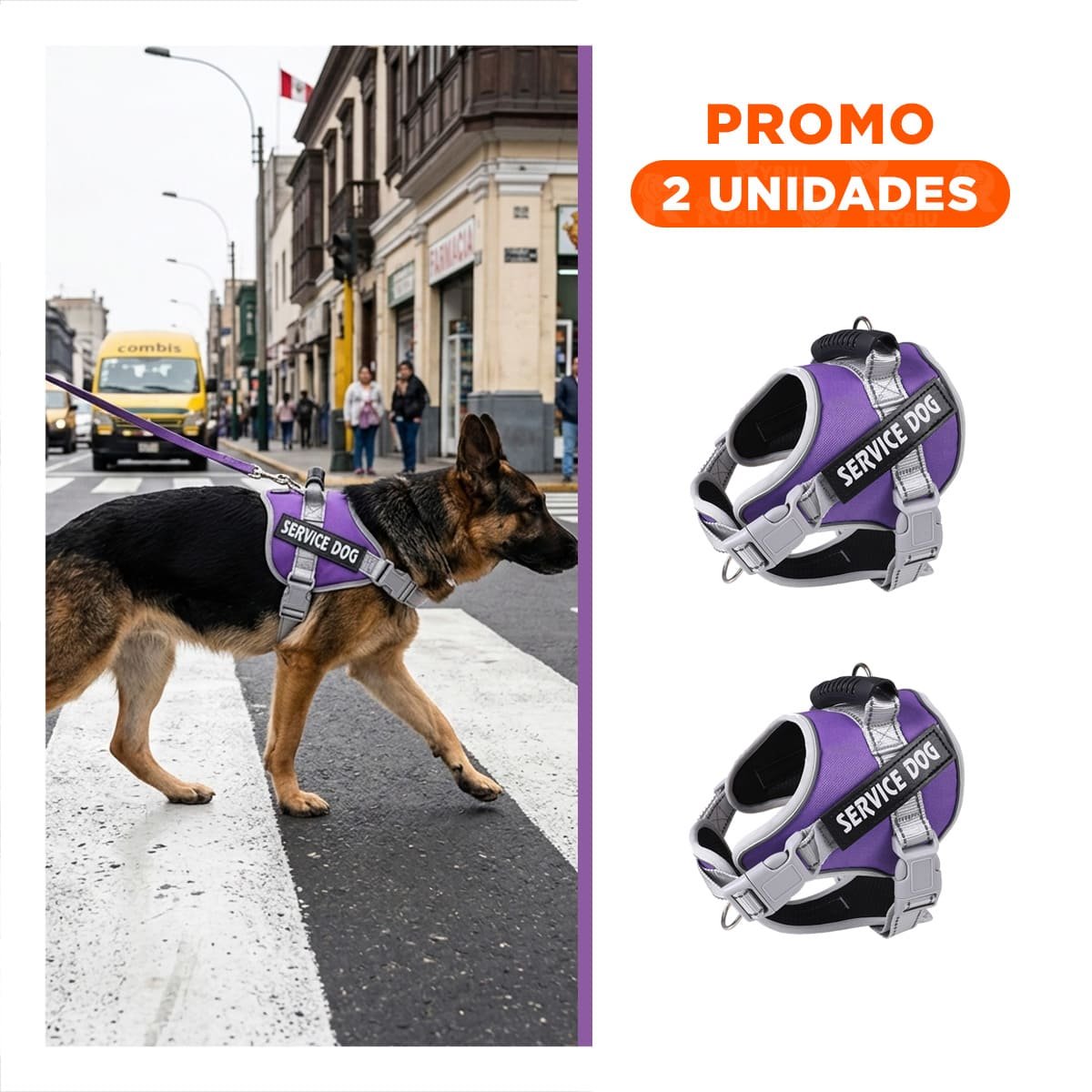 PACK2 CHALECO AJUSTABLE SERVICE DOG TALLA L MORADO CON ASA - 1