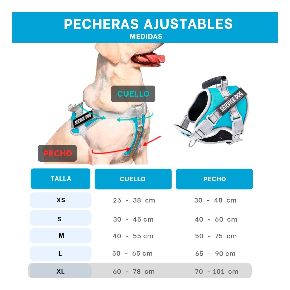 PACK6 HARNESS RESISTENTE SERVICE DOG TALLA XL TURQUEZA CON ASA - 4