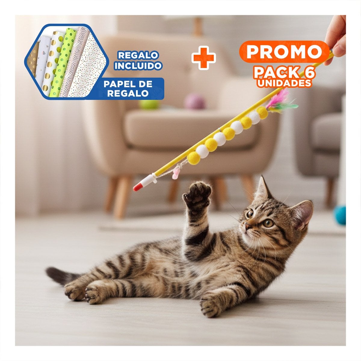 PACK6 ACCESORIO DE PLASTICO PARA GATO CON BOLITAS COLOR AMARRILLO EN JUEGO Y+PAPEL REGALO - 1