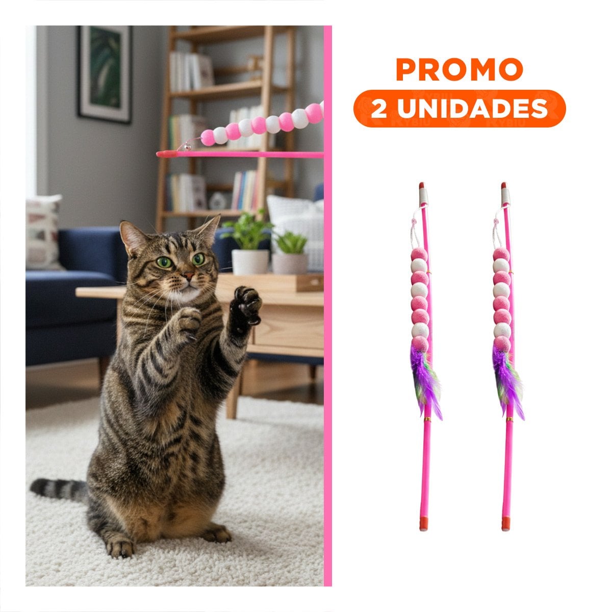 PACK2 VARITA DE JUEGO PARA GATO EN PLASTICO EN COLOR ROSADO CON BOLITAS DECORATIVAS - 1