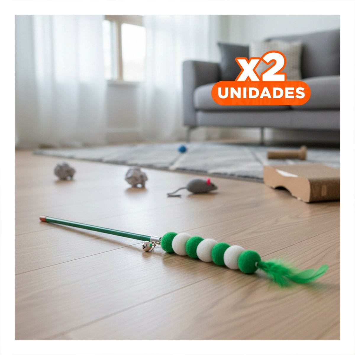 PACK2 VARITA FUNCIONAL PARA GATO CON BOLITAS COLOR VERDE EN PLASTICO LIVIANO Y+REGALO STICKER - 1