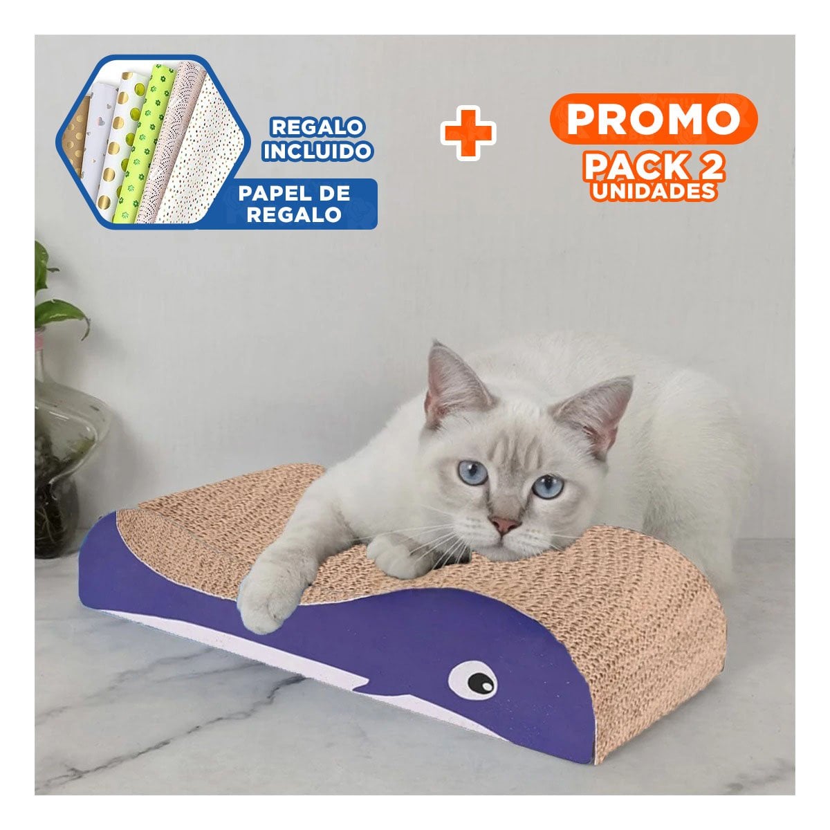 PACK2 RASCADOR PARA GATO EN FORMA DE BALLENA EN MARRON CON BASE DE CARTON FIRME Y+PAPEL REGALO - 1