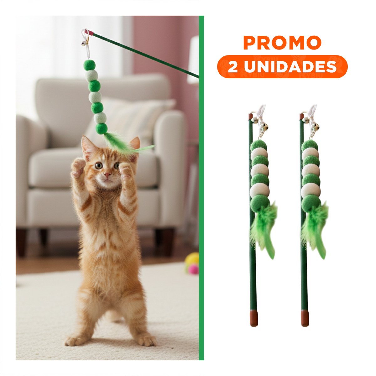 PACK2 VARITA DE JUEGO PARA GATO EN PLASTICO EN COLOR VERDE CON BOLITAS DECORATIVAS - 1