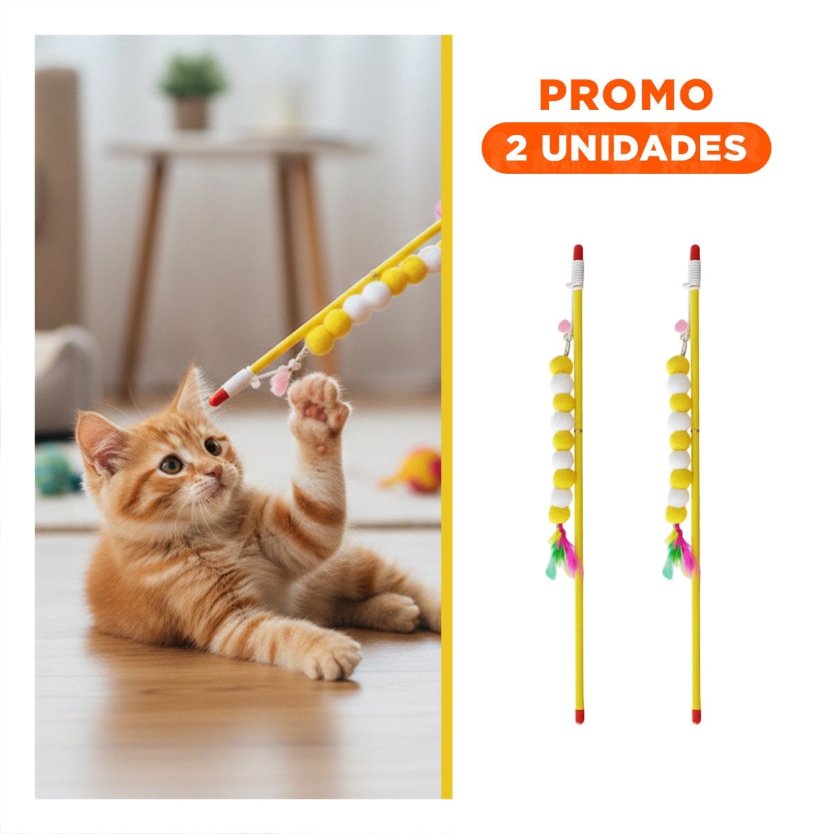 PACK2 VARITA DE JUEGO PARA GATO EN PLASTICO EN COLOR AMARRILLO CON BOLITAS DECORATIVAS - 1