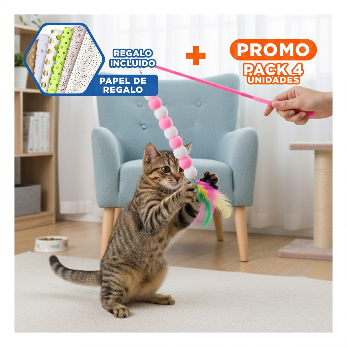 PACK4 VARITA PARA DINAMICA ACTIVA DE GATO CON BOLITAS EN COLOR ROSADO INTEGRADAS Y+PAPEL REGALO - 1