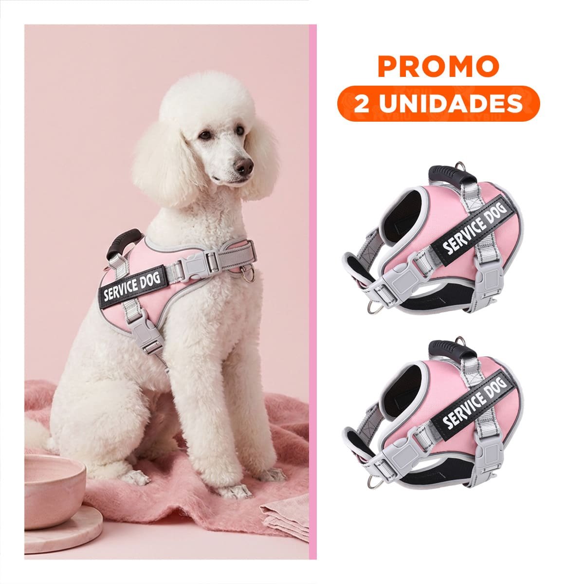 PACK2 CHALECO AJUSTABLE SERVICE DOG TALLA L ROSADO CLARO CON ASA - 1